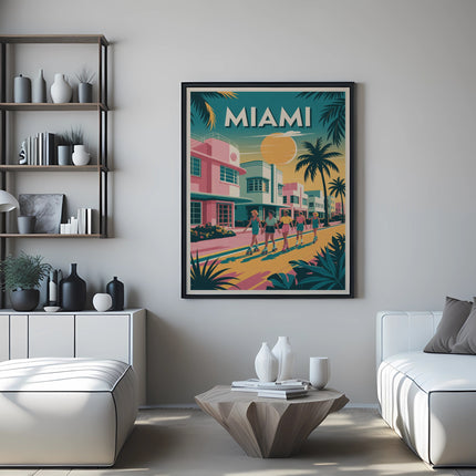 Vintage Miami beach scene poster with people walking past colorful buildings.