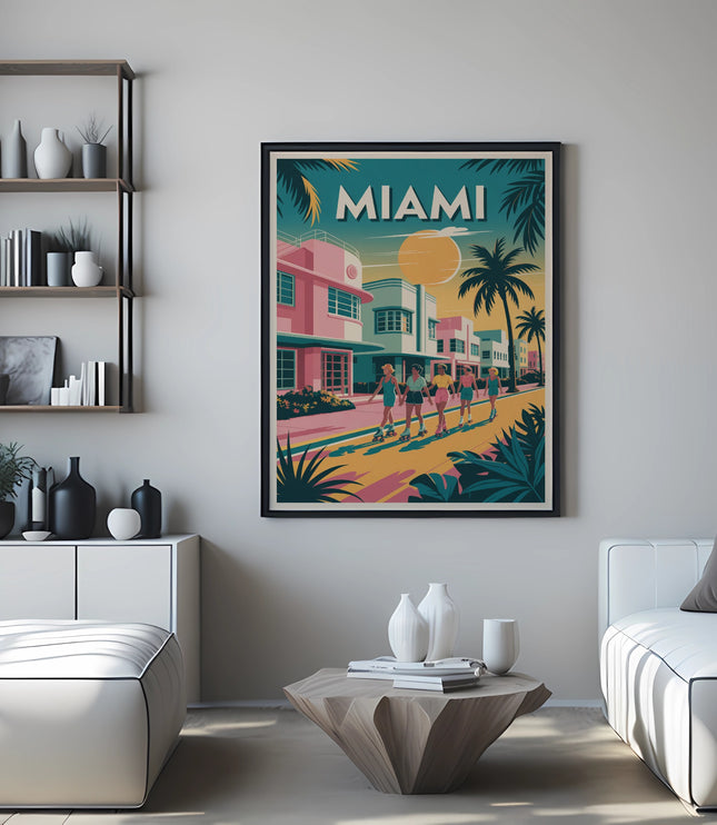 Vintage Miami beach scene poster with people walking past colorful buildings.