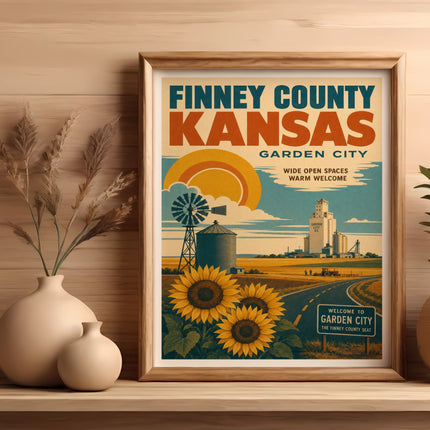 Vintage travel poster for Finney County, Kansas, featuring sunflowers and a barn.
