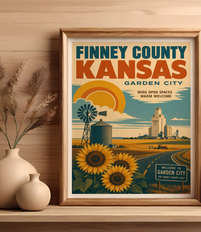 Vintage travel poster for Finney County, Kansas, featuring sunflowers and a barn.