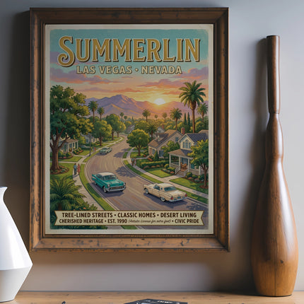 Summerlin Las Vegas Nevada vintage travel poster with classic cars.