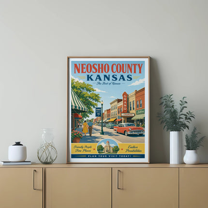 Neosho County, Kansas travel poster with a vintage car and town scene.