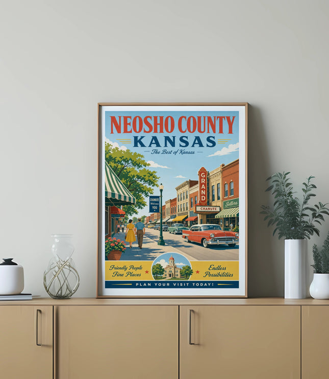 Neosho County, Kansas travel poster with a vintage car and town scene.