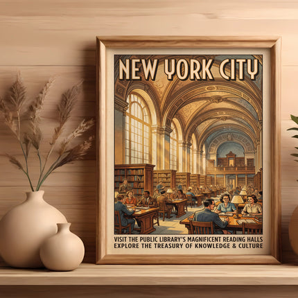 New York City vintage poster of library reading halls, "Visit The Public Library's Magnificent Reading Halls."