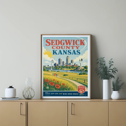 Sedgwick County Kansas poster featuring sun, cityscape, and text "Where City Life and Wide Open Spaces Meet".