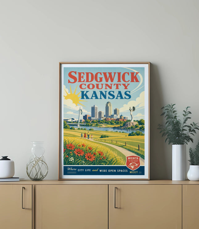 Sedgwick County Kansas poster featuring sun, cityscape, and text "Where City Life and Wide Open Spaces Meet".