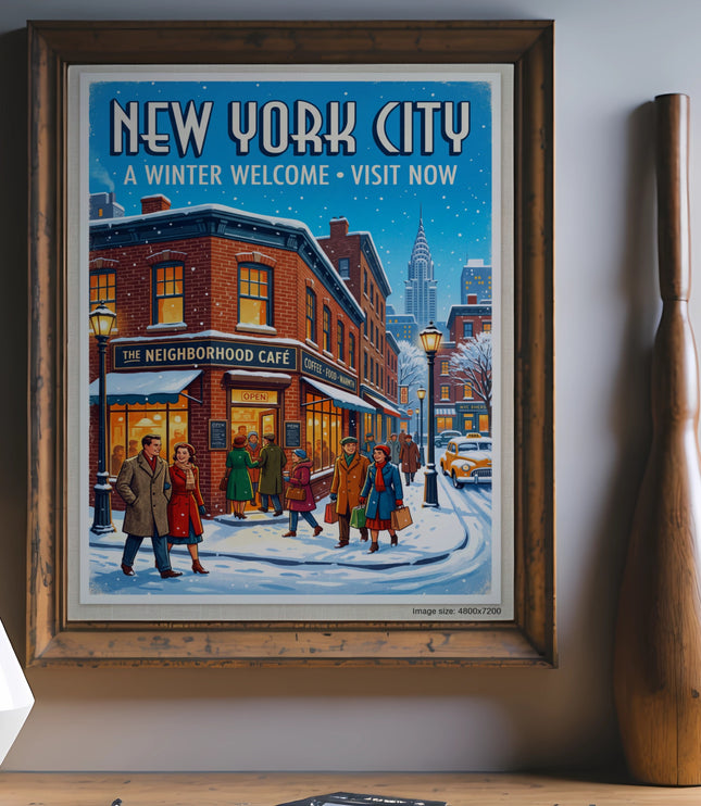 "New York City A Winter Welcome" poster depicting a snowy street scene.