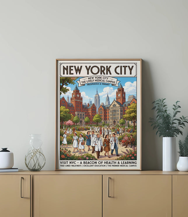 New York City medical campus vintage travel poster featuring doctors and nurses.