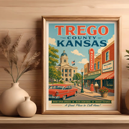 Vintage Trego County, Kansas travel poster featuring Wakeeney with a red car.