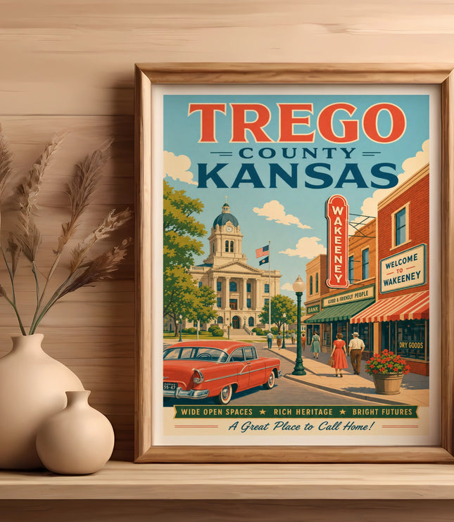 Vintage Trego County, Kansas travel poster featuring Wakeeney with a red car.