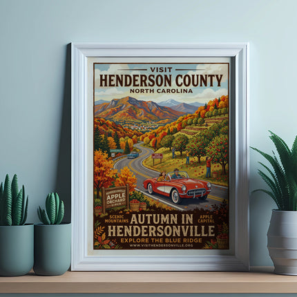 Poster for Henderson County, North Carolina, autumn scene with apple orchards and scenic mountains.