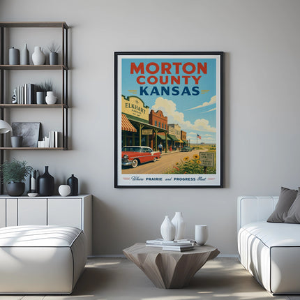 Poster for Morton County, Kansas, featuring Elkhart with a red car and vintage storefronts.