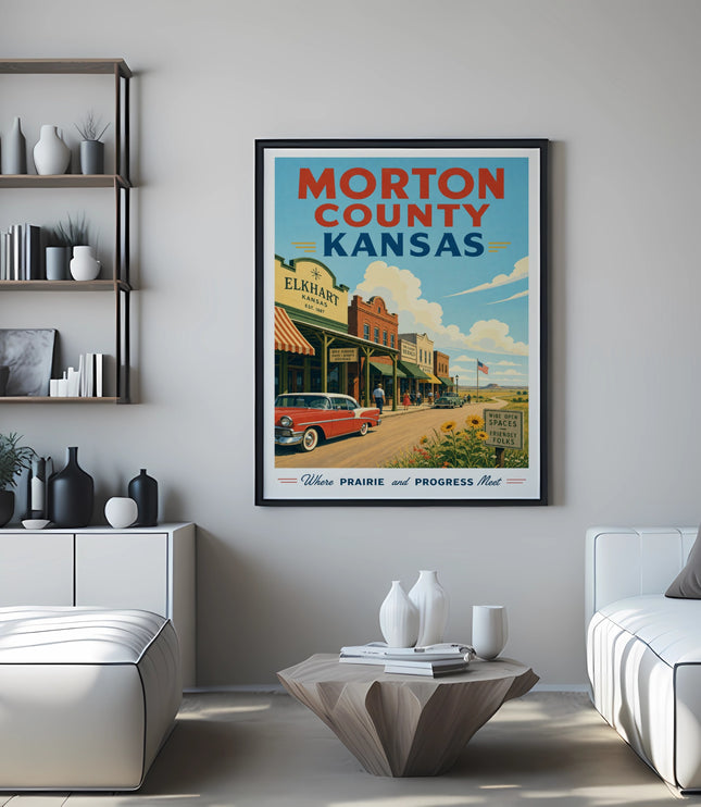 Poster for Morton County, Kansas, featuring Elkhart with a red car and vintage storefronts.