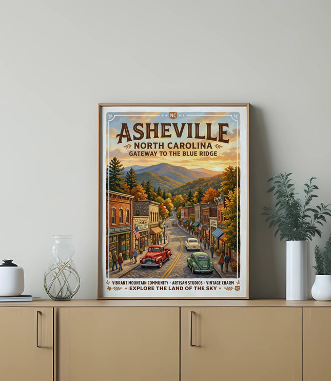 Asheville North Carolina art print depicting a street scene and mountains.