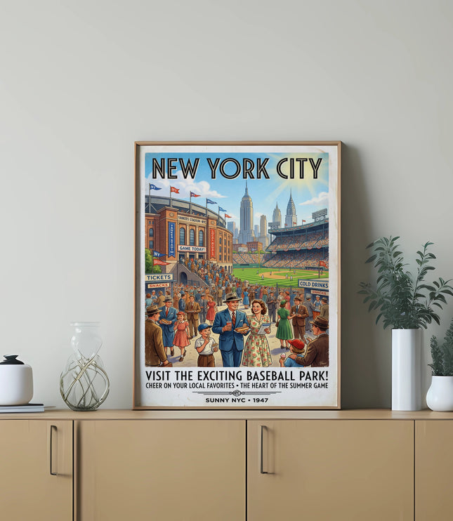 New York City baseball park vintage poster with people and skyscrapers.