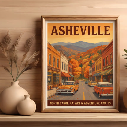 Asheville poster featuring vintage cars on a street with autumn foliage and mountains.