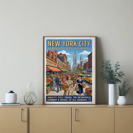 New York City poster with D'Agostino's grocery, fruit stand, and subway.
