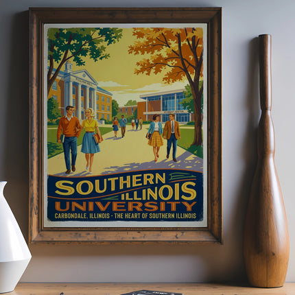 Vintage poster of Southern Illinois University with buildings and students.