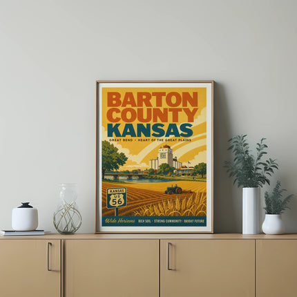 Poster for Barton County, Kansas featuring a farm scene with US 56 sign.