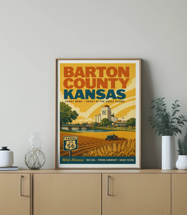 Poster for Barton County, Kansas featuring a farm scene with US 56 sign.