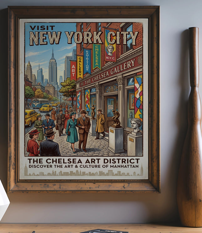 Visit New York City Chelsea Art District poster with Empire State Building and people.
