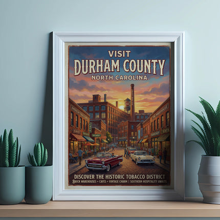 Vintage travel poster for Durham County, North Carolina tobacco district.