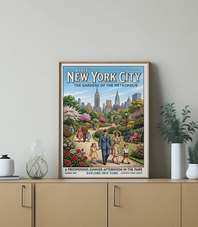 Vintage "Visit New York City" poster of a park with families and skyline.
