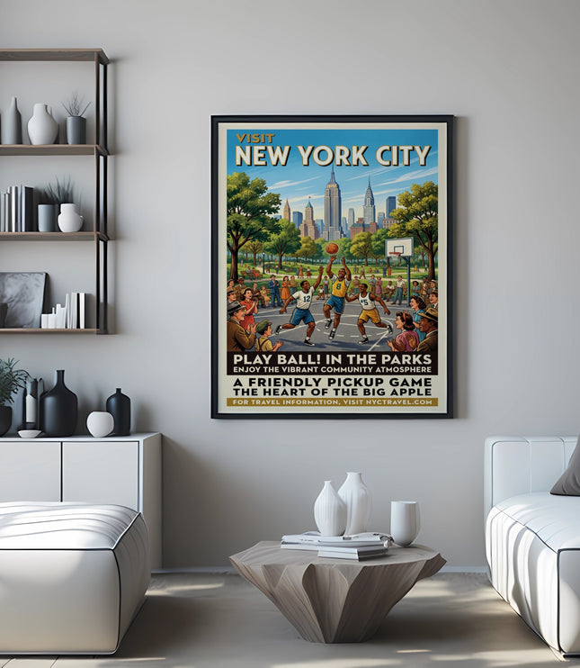New York City travel poster of a basketball game in Central Park.