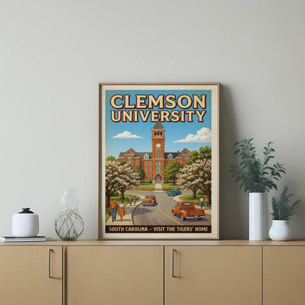 Clemson University travel poster with building, people, and cars.