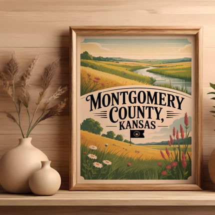 Montgomery County countryside landscape with rolling hills and a river.
