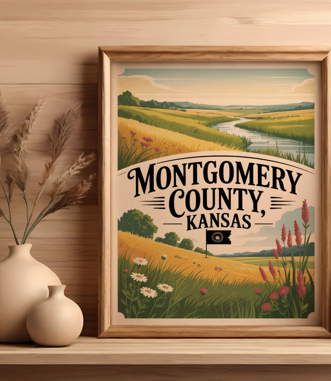 Montgomery County countryside landscape with rolling hills and a river.