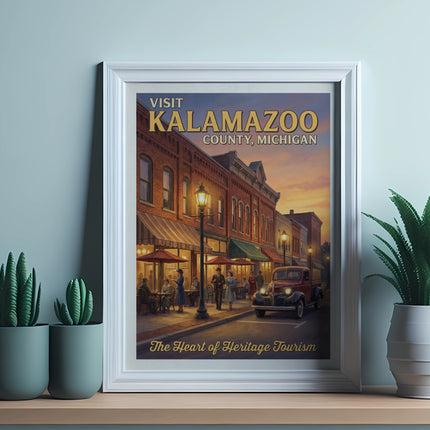 Vintage poster of downtown Kalamazoo, Michigan with people and truck.