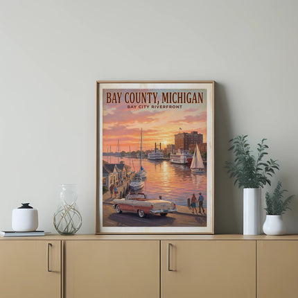 Vintage poster of Bay City Riverfront, Michigan with boats and a classic car.