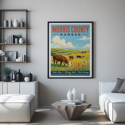 Vintage poster for Morris County, Kansas, featuring cows grazing in a field.