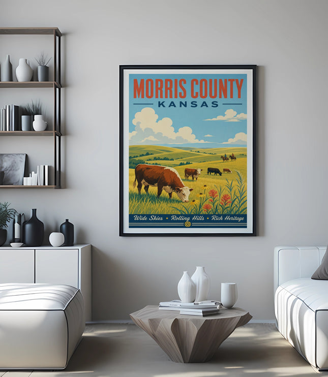 Vintage poster for Morris County, Kansas, featuring cows grazing in a field.