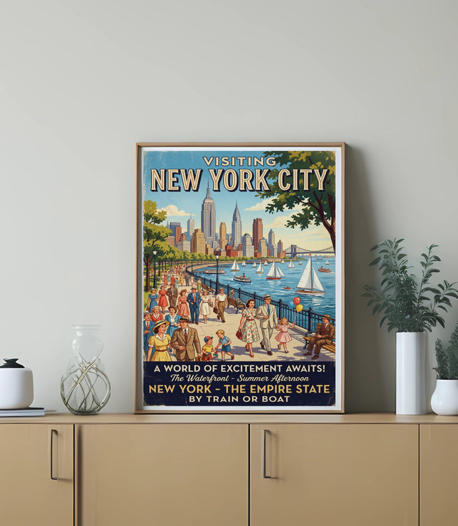 Vintage New York City poster of the skyline, waterfront, and people.