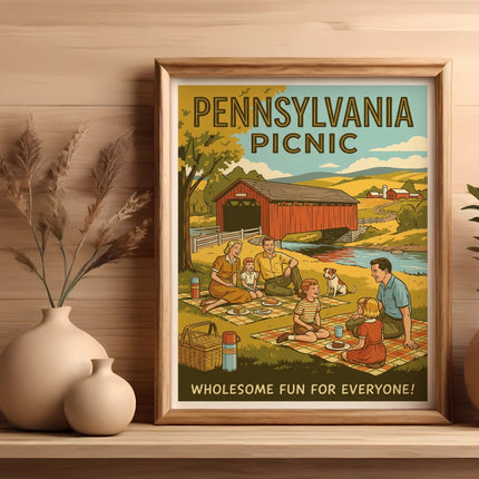 Vintage poster of a family picnic by a red covered bridge, with text "Pennsylvania Picnic."