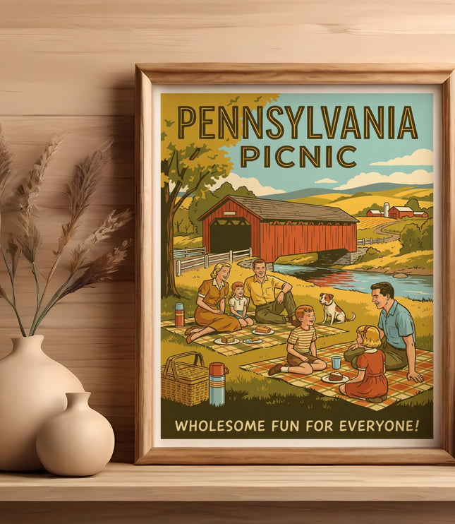 Vintage poster of a family picnic by a red covered bridge, with text "Pennsylvania Picnic."