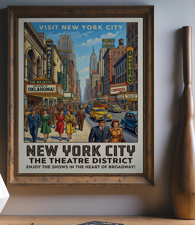 New York City Theatre District vintage travel poster with Broadway skyscrapers and people.