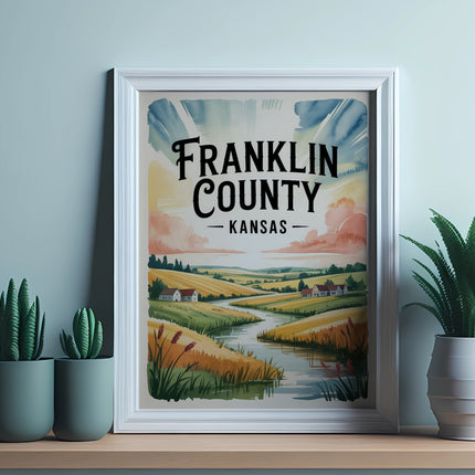 Framed artwork of Franklin County, Kansas with a winding river and rural landscape.