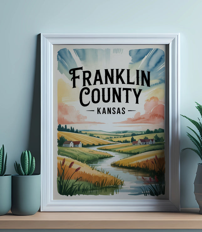Framed artwork of Franklin County, Kansas with a winding river and rural landscape.