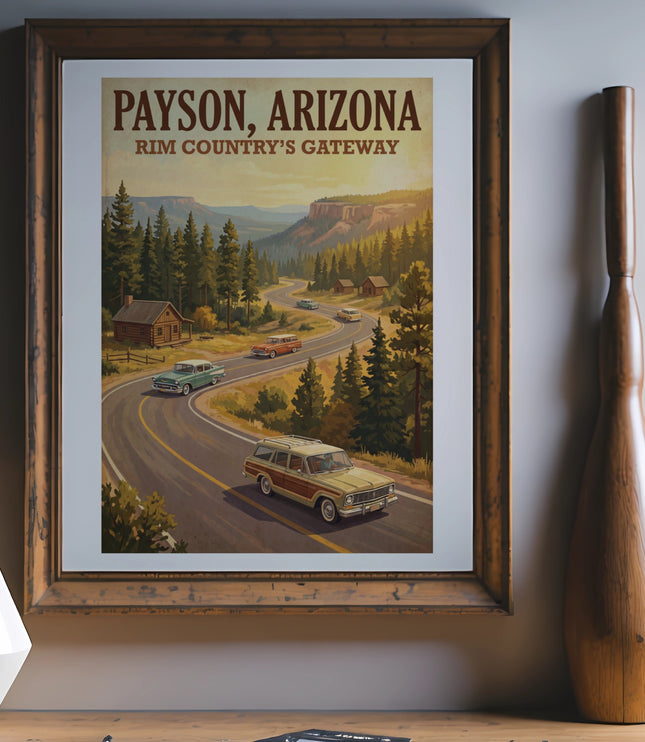 Poster with Payson, Arizona text featuring vintage cars on a scenic road.
