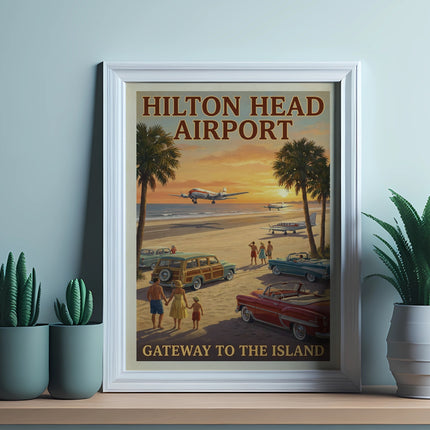 Hilton Head Airport poster displays vintage cars, planes, and a family on a beach.