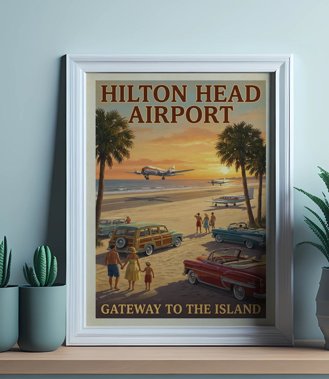 Hilton Head Airport poster displays vintage cars, planes, and a family on a beach.