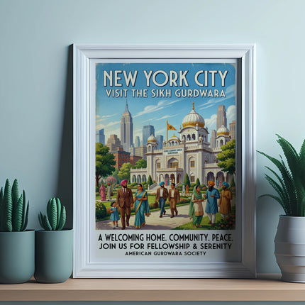 New York City Sikh Gurdwara poster with people and city skyline.