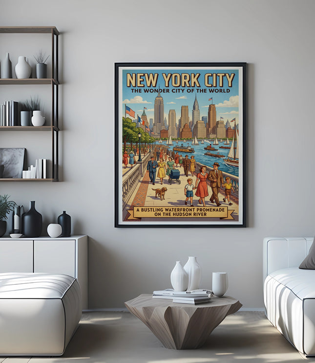 "New York City, The Wonder City" vintage poster depicting a bustling promenade and skyline.