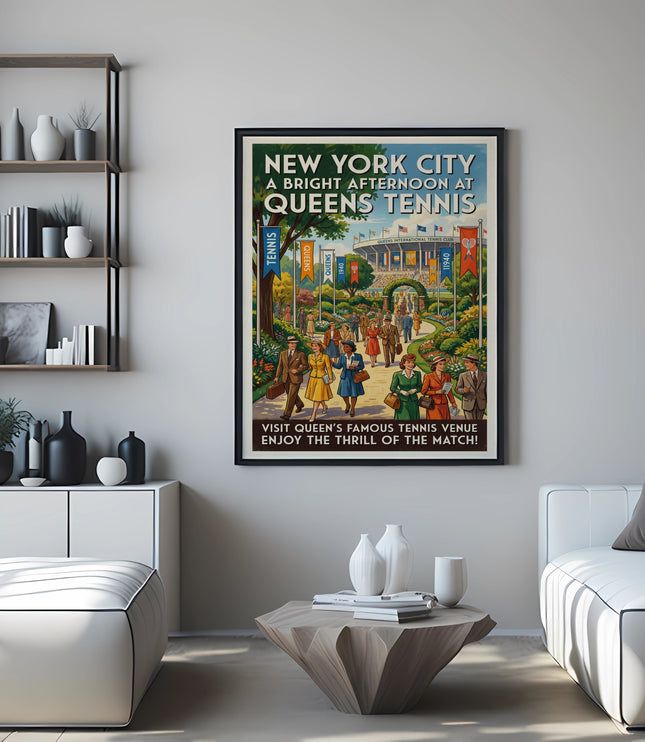 New York City Queens Tennis vintage poster showing people and tennis stadium.