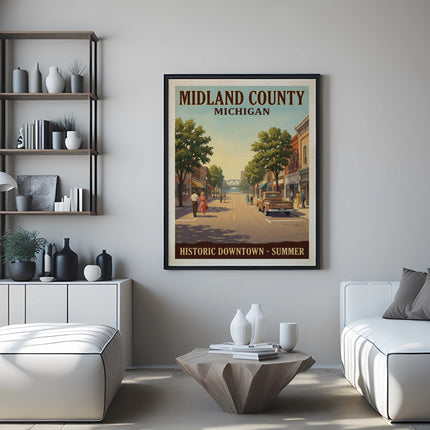 Midland County Michigan historic downtown summer travel poster.
