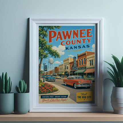 Vintage poster of Pawnee County, Kansas, showing a street scene with "The Hub City" text.