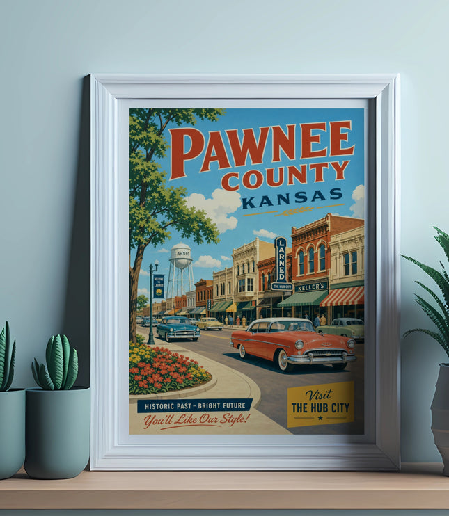 Vintage poster of Pawnee County, Kansas, showing a street scene with "The Hub City" text.